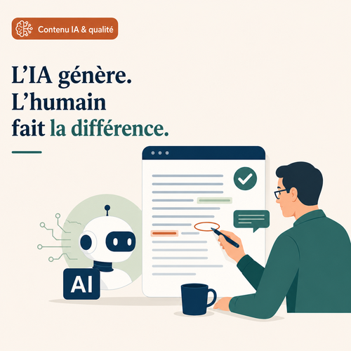 Illustration d’un contenu IA SEO relu et enrichi par une expertise humaine pour améliorer la qualité éditoriale