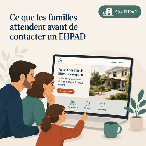 Famille consultant le site web d'un EHPAD pour comparer les informations et évaluer la qualité de l'accompagnement
