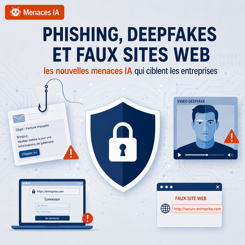 Illustration d'une attaque de phishing IA 2026 avec faux email, deepfake vocal et site frauduleux