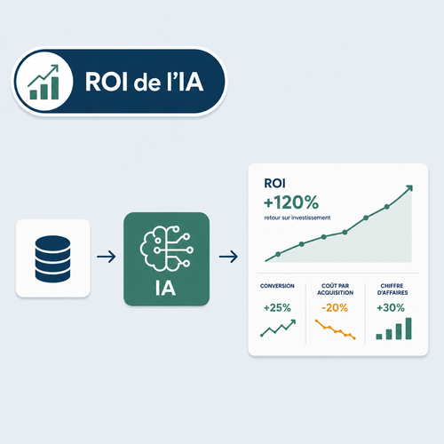 Tableau de bord de mesure du ROI intelligence artificielle avec KPIs de productivité et conversion